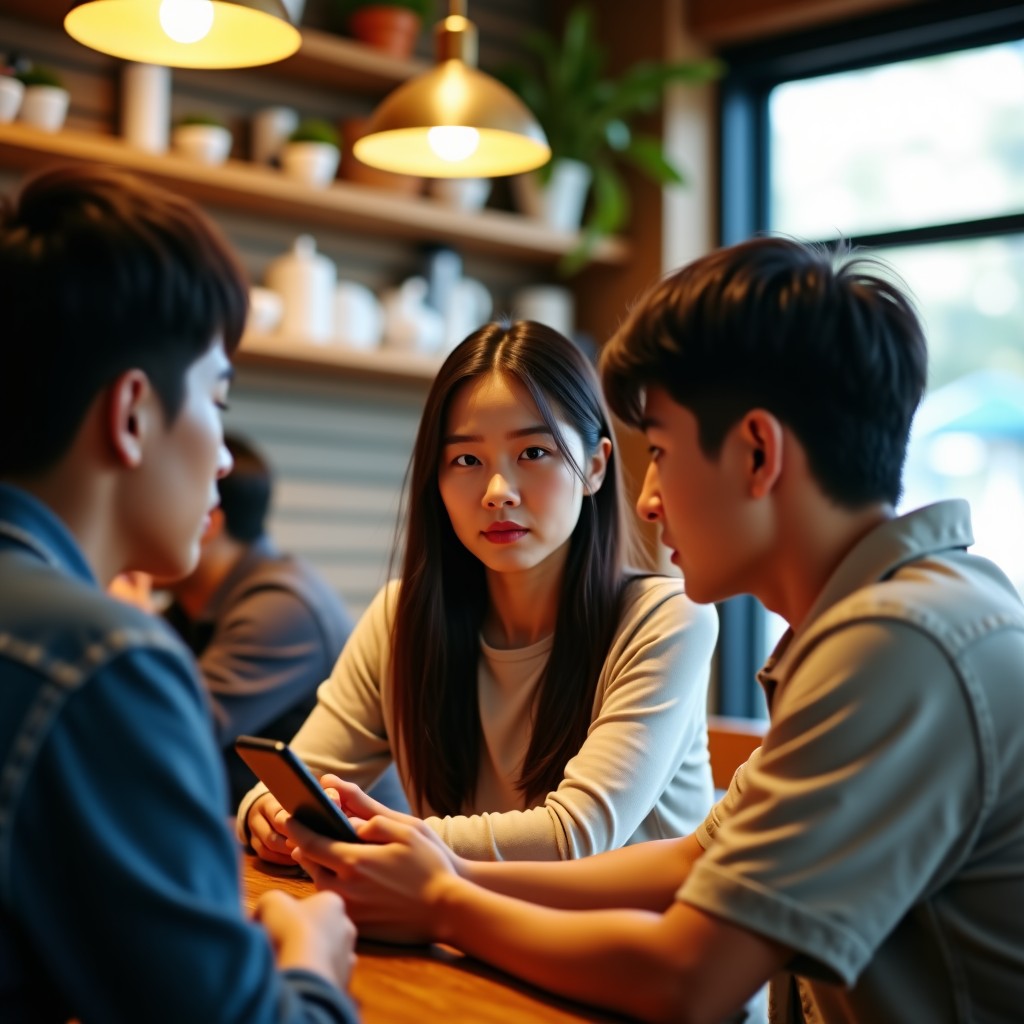 A natural lifestyle photography of a group of young Korean people hanging out at a trendy cafe. One person is looking at their smartphone with a concerned expression while others are talking. The lighting is warm and natural. No text. 4:3