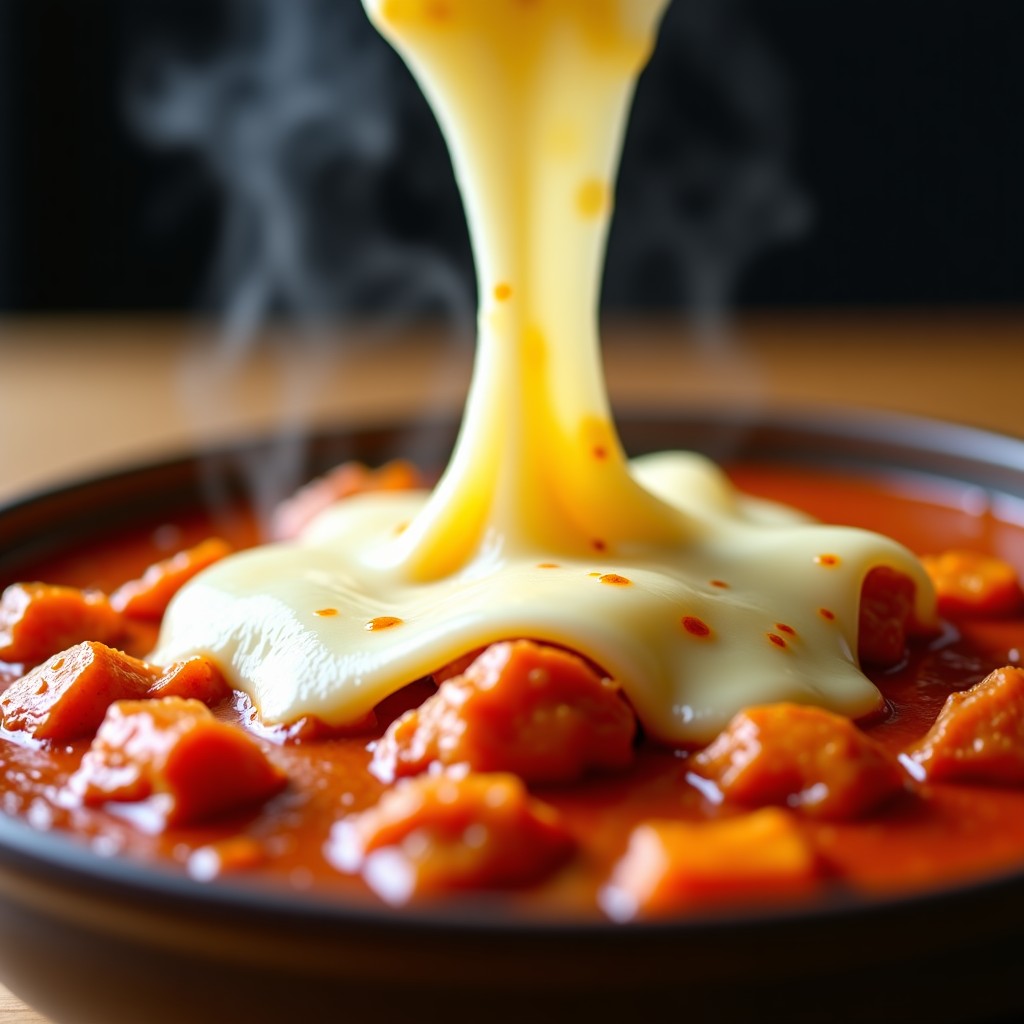 A close-up shot of melted mozzarella cheese stretching over spicy red chicken stew, golden brown cheese texture, appetizing steam, vibrant colors, shallow depth of field, 1:1