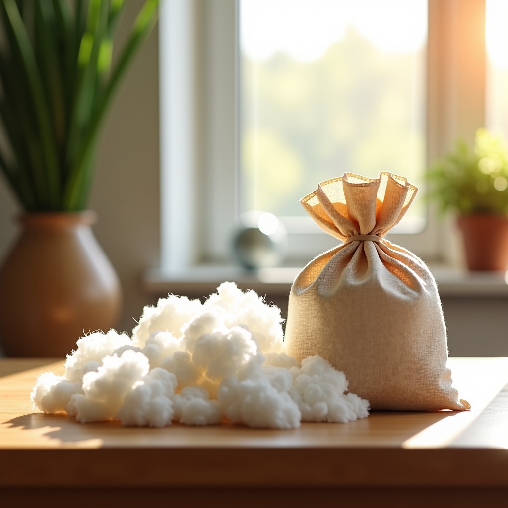 A close-up shot of soft, raw white cotton fibers and a bag of natural fiber wallpaper material on a wooden table, warm sunlight coming through a window, lifestyle photography, high quality. 1:1