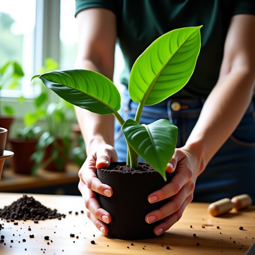 A person repotting a Monstera plant using fresh soil and perlite in a bright indoor garden space wooden table gardening tools nearby high contrast informative style 4:3