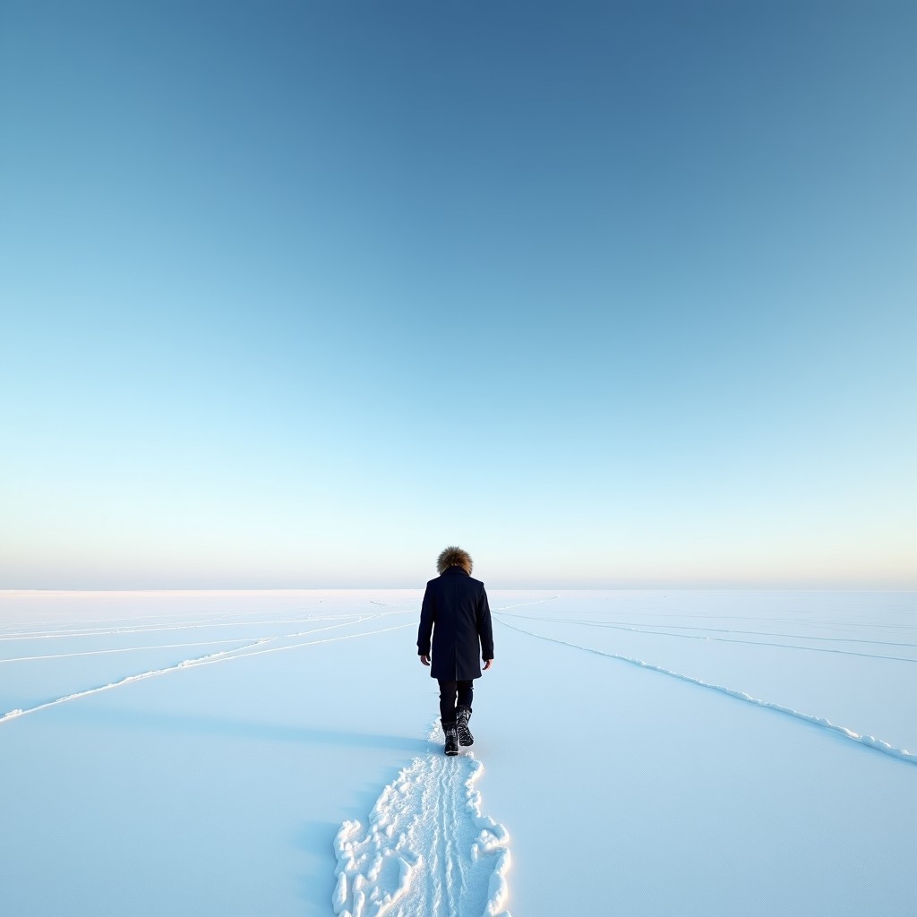 A wide shot of a lone person walking across a vast, endless snowy plain in Mongolia under a cold blue sky. The person is wearing a dark winter coat. Symbolizing solitude and freedom. Realistic photography, 4:3