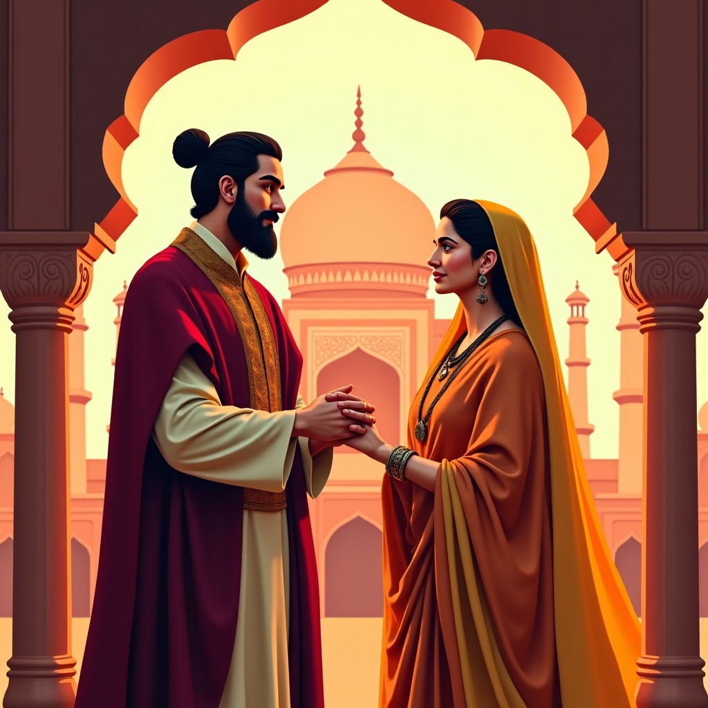 Artistic illustration of Emperor Shah Jahan and Mumtaz Mahal in a royal Mughal palace setting, warm lighting, textured background, history and culture style, 1:1