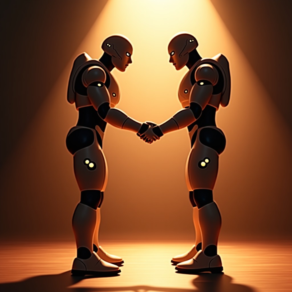 Two actors performing as humanoid robots on a stage, emotional interaction, glowing futuristic elements on their outfits, warm theatrical lighting, high resolution, 4:3