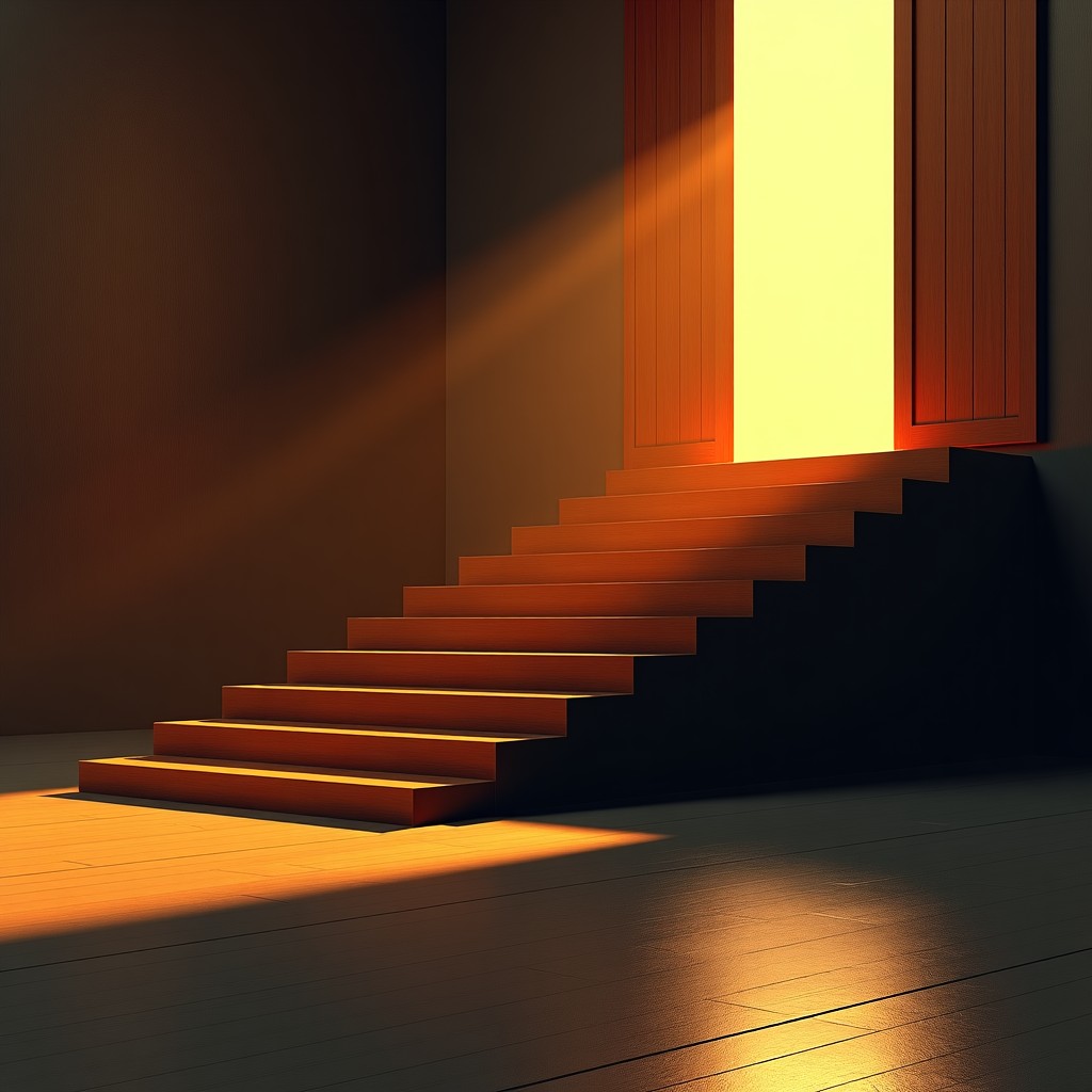 An abstract modern layout of a surreal castle interior with floating wooden stairs and traditional Japanese sliding doors positioned at impossible angles. High contrast dark and golden lighting. Infographic style layout. 4:3