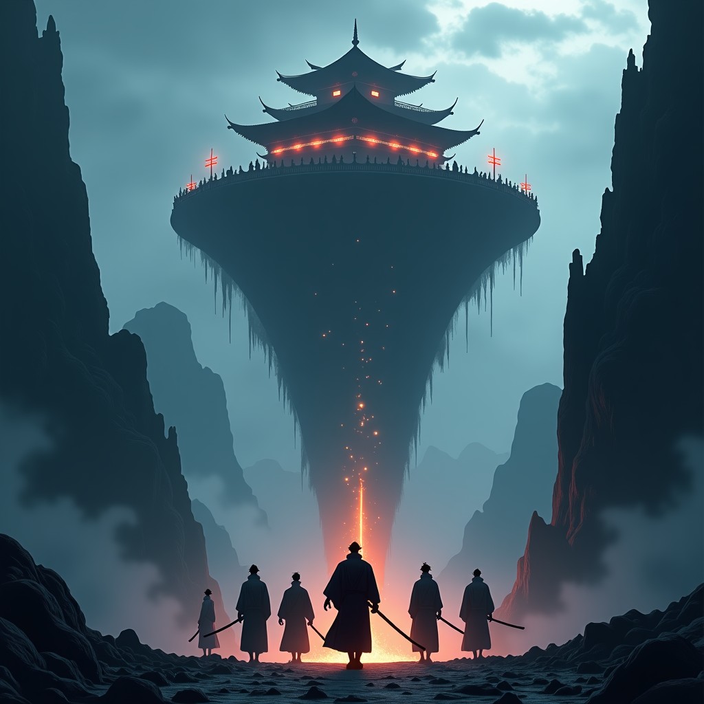 A dramatic cinematic illustration of several swordsmen in traditional Japanese haori standing before a mystical infinite castle with gravity-defying architecture. Dark moody atmosphere with embers flying in the air. Artistic rendering style. 4:3