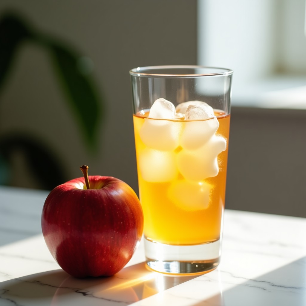 A clear glass of water with a golden liquid being mixed in, standing next to a whole red apple on a marble table. Professional food photography, soft morning sunlight, elegant and clean composition. 4:3