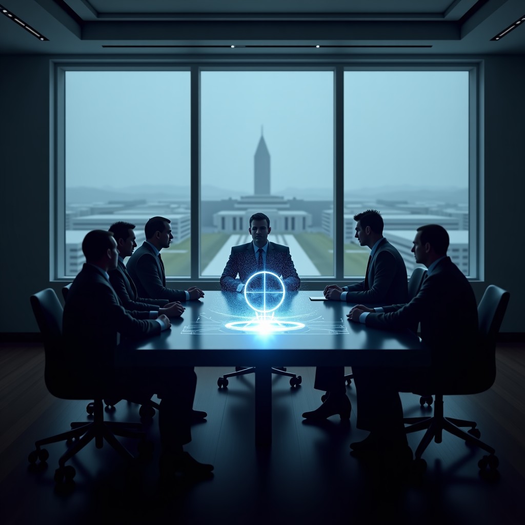 A high-stakes meeting in a modern, dimly lit boardroom overlooking the Pentagon building. A tech executive in a casual suit sits across from high-ranking military officials in uniform. A holographic interface of an AI neural network glows between them, symbolizing the tension of technology and defense. Dramatic cinematic lighting, photorealistic style, 4:3.