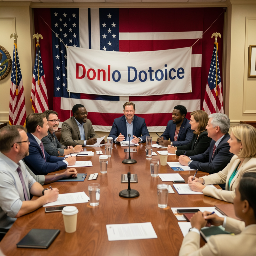 A diverse group of American citizens in a town hall meeting discussing political issues, with a banner reading 'Donlo Doctrine' and a patriotic background, 4:3