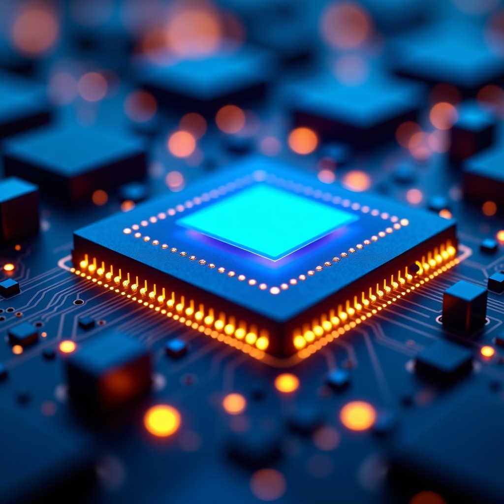 A futuristic high-tech AI semiconductor chip glowing with blue and gold light circuits, micro-details of a processor, cinematic lighting, professional technology photography style, 4:3
