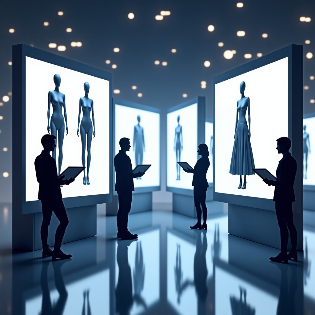 A futuristic fashion design studio with designers using large digital tablets and transparent screens, 3D clothing models displayed on monitors, innovative atmosphere, 4:3