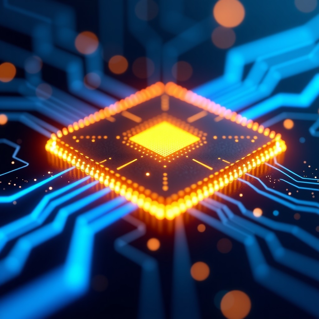 A close up shot of a futuristic gold and blue semiconductor chip with glowing light trails representing data flow. High tech atmosphere, cinematic lighting, 4:3