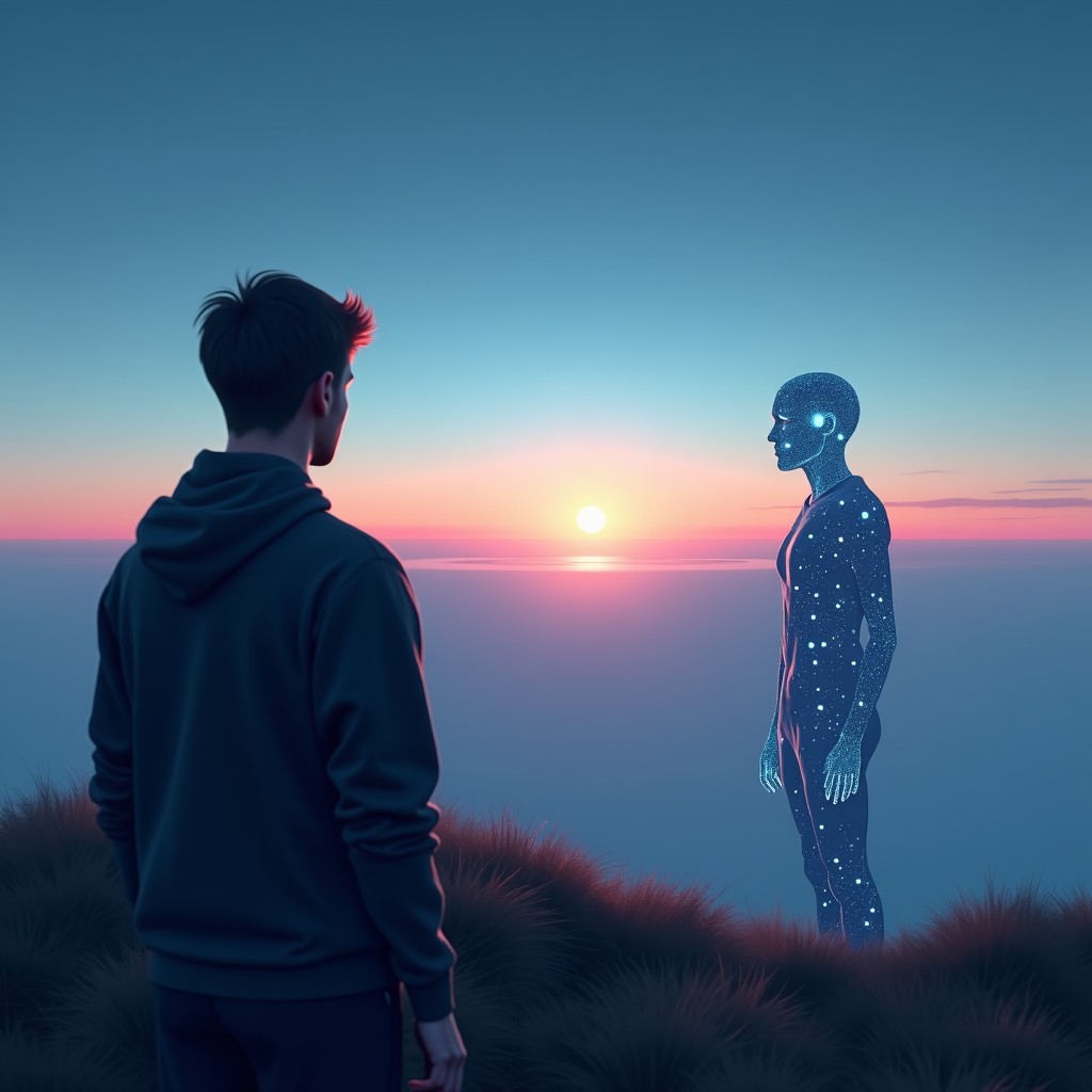 A person and a digital holographic entity looking at a vast horizon together. Highly detailed, cinematic lighting, conceptual art style. 4:3