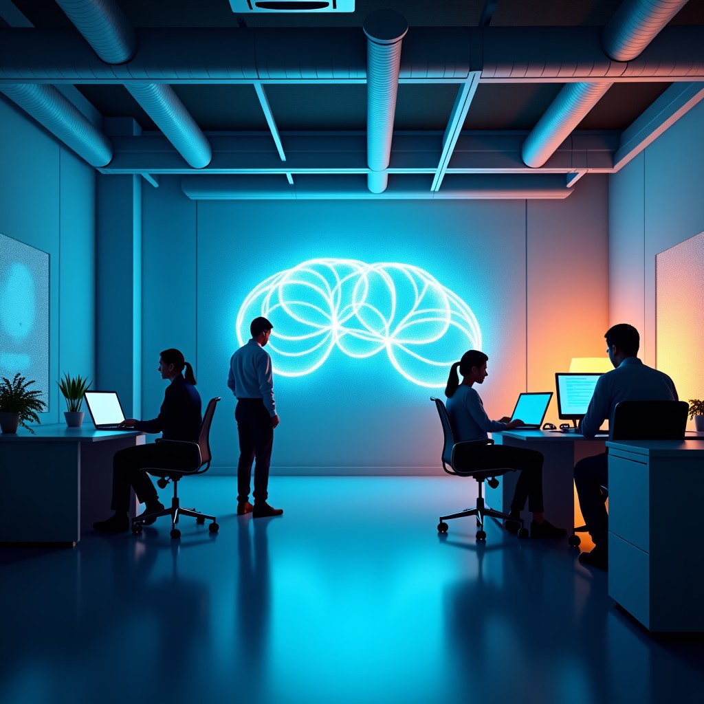 A modern high-tech office interior with a glowing digital neural network overlay representing artificial intelligence. Professionals are working in a minimalist setting. Cinematic lighting, soft blue and orange tones. 4:3