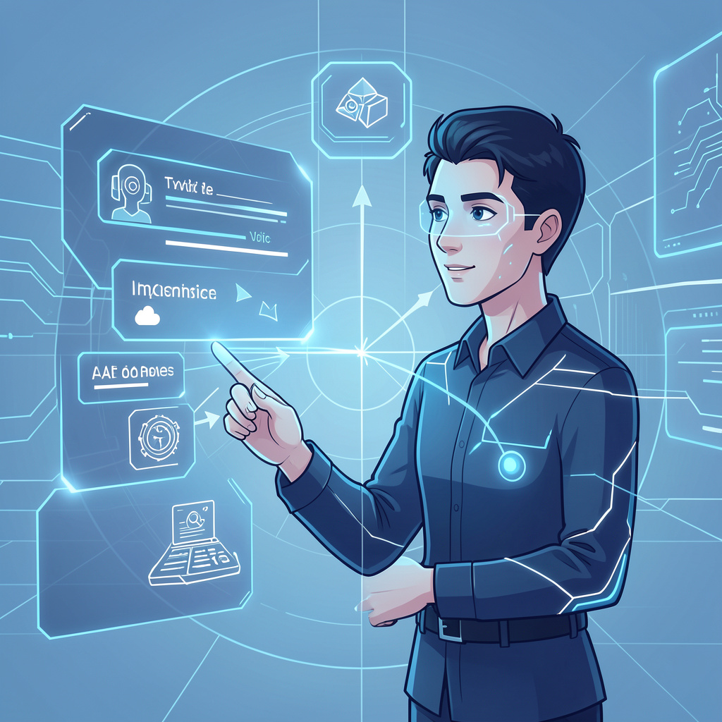 A futuristic illustration showing a person interacting with an AI assistant that processes text, voice, and images simultaneously. The image has a clean and modern style with a 1:1 aspect ratio.