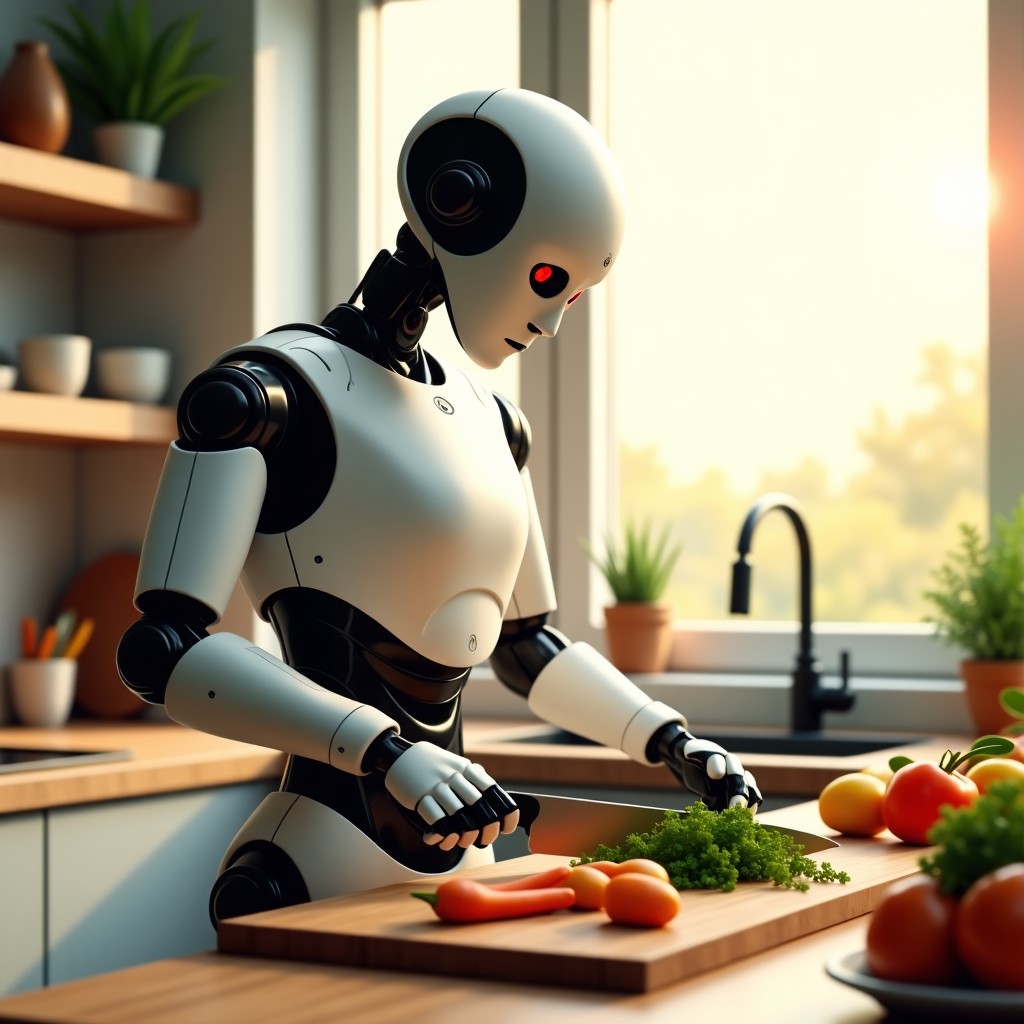 A sleek humanoid robot with dexterous hands preparing a meal in a futuristic kitchen, chopping vegetables with a knife, natural morning sunlight through a window, warm and inviting atmosphere, hyper-realistic, 4:3