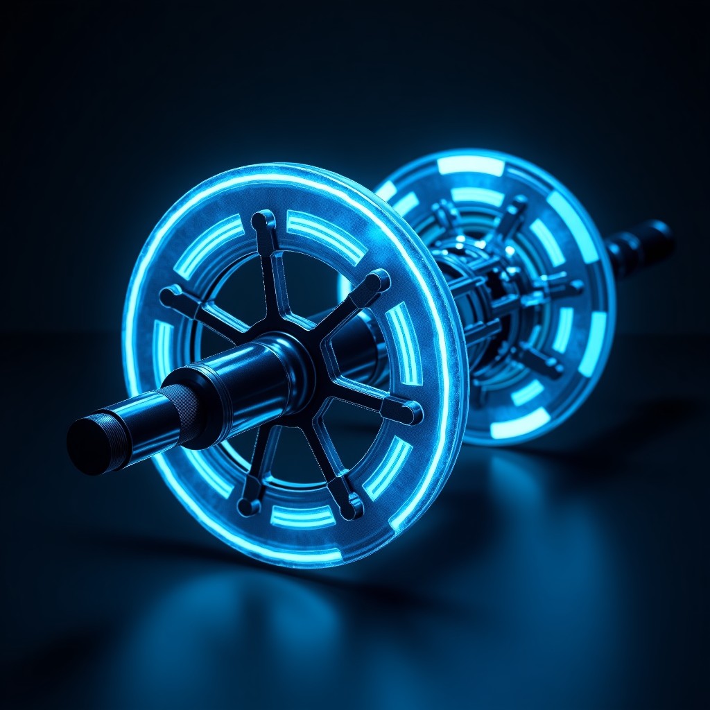 High tech hybrid engine components with glowing blue energy lines and futuristic mechanical parts on a dark background 4:3