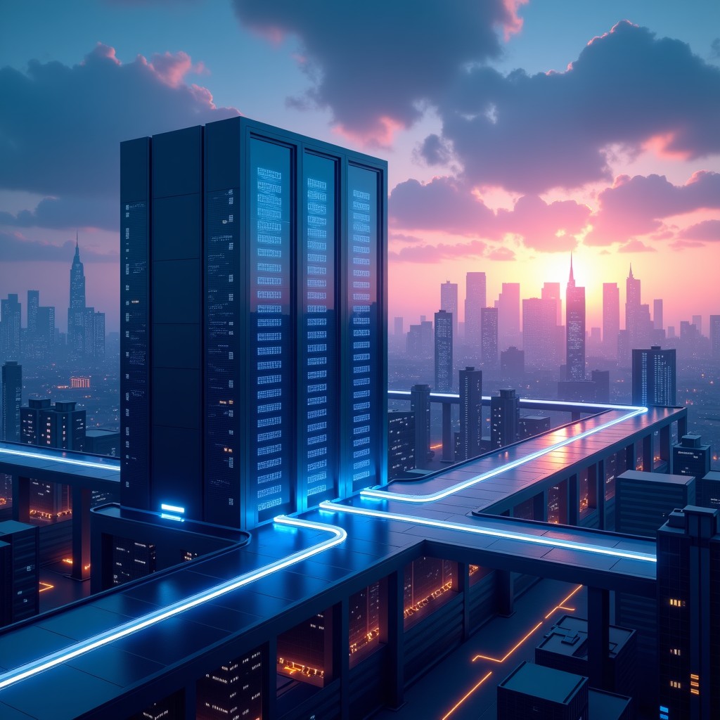 A sleek modern data center building integrated with a futuristic city landscape at twilight, glowing fiber optic lines connecting buildings, cinematic atmosphere, 4:3