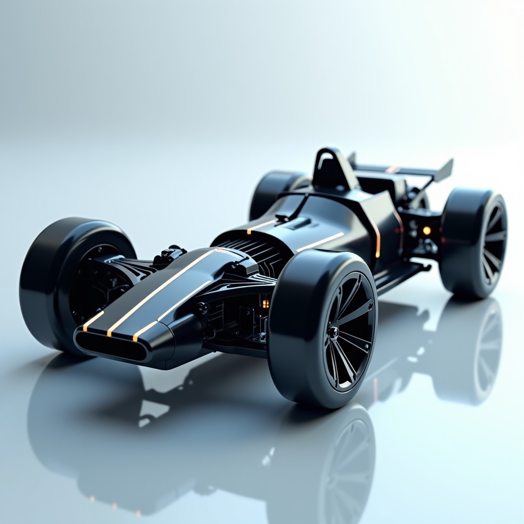 Detailed close up of a futuristic electric car chassis and motor components. Metallic textures with integrated LED lighting showing advanced engineering. The background is a clean white lab environment. High quality 3D render 4:3