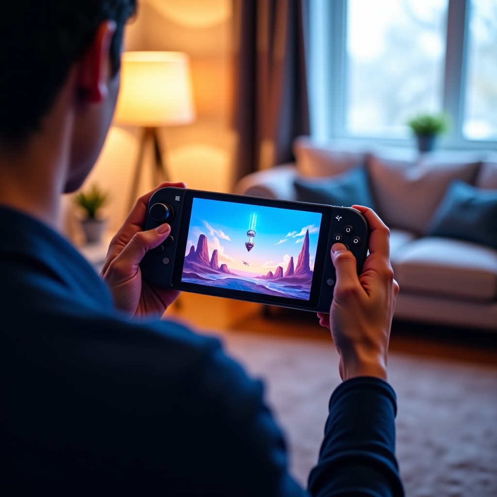 A person holding a futuristic handheld gaming device showing a vibrant game screen, blurred modern living room background, realistic lifestyle photography, 4:3
