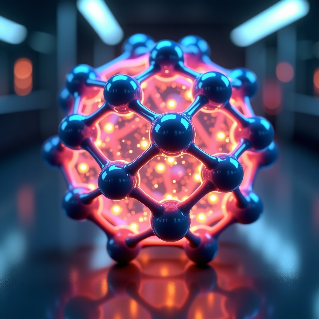 A detailed 3D scientific model of the ABX3 perovskite crystal structure with glowing ions, metallic and organic elements intertwined, high-tech laboratory background, cinematic lighting. 4:3