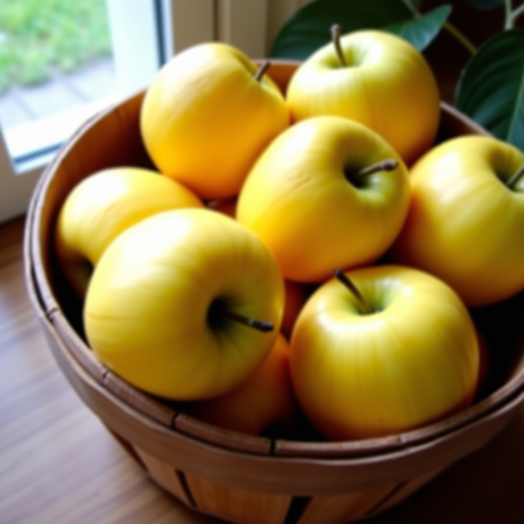 A close-up shot of a rustic wooden basket filled with bright yellow organic bananas and crisp yellow-green golden apples. The fruit looks fresh and high quality. Natural morning sunlight coming from a window. 1:1