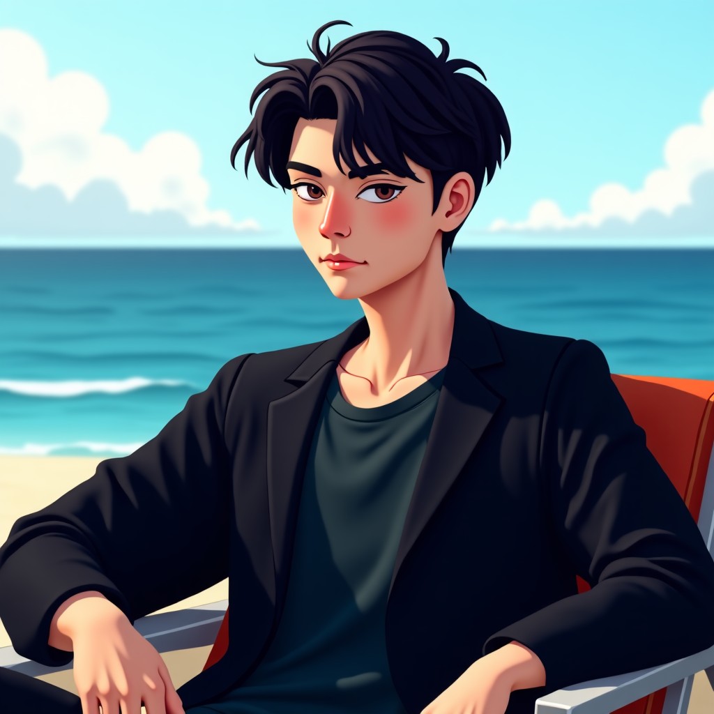 A charismatic young Korean man with a slightly edgy style sitting on a lounge chair by the sea. He has a confident and mysterious expression. Modern artistic lighting. 1:1
