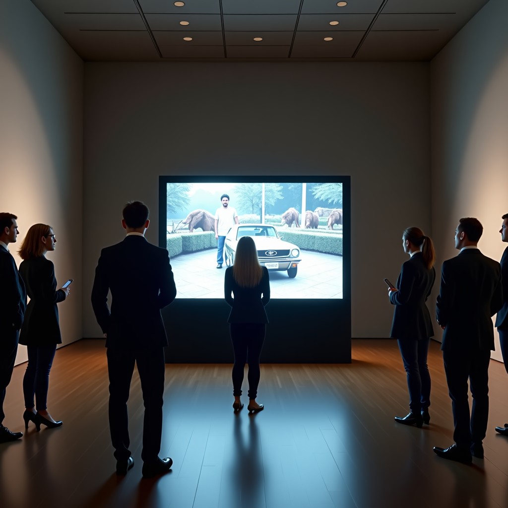A high-end museum gallery with modern minimalist interior. In the center, a retro computer monitor from the mid-2000s displays a grainy video of a man at a zoo. Visitors in stylish attire are observing the screen with interest. The lighting is focused and artistic. 4:3