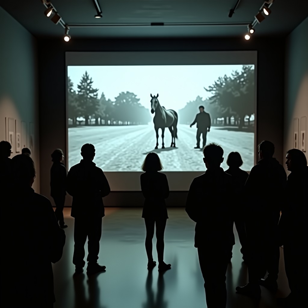A large scale projection of the Me at the Zoo video in a dark museum hall. Silhouettes of people are looking up at the grainy footage. The atmosphere is solemn and appreciative of the history. 4:3