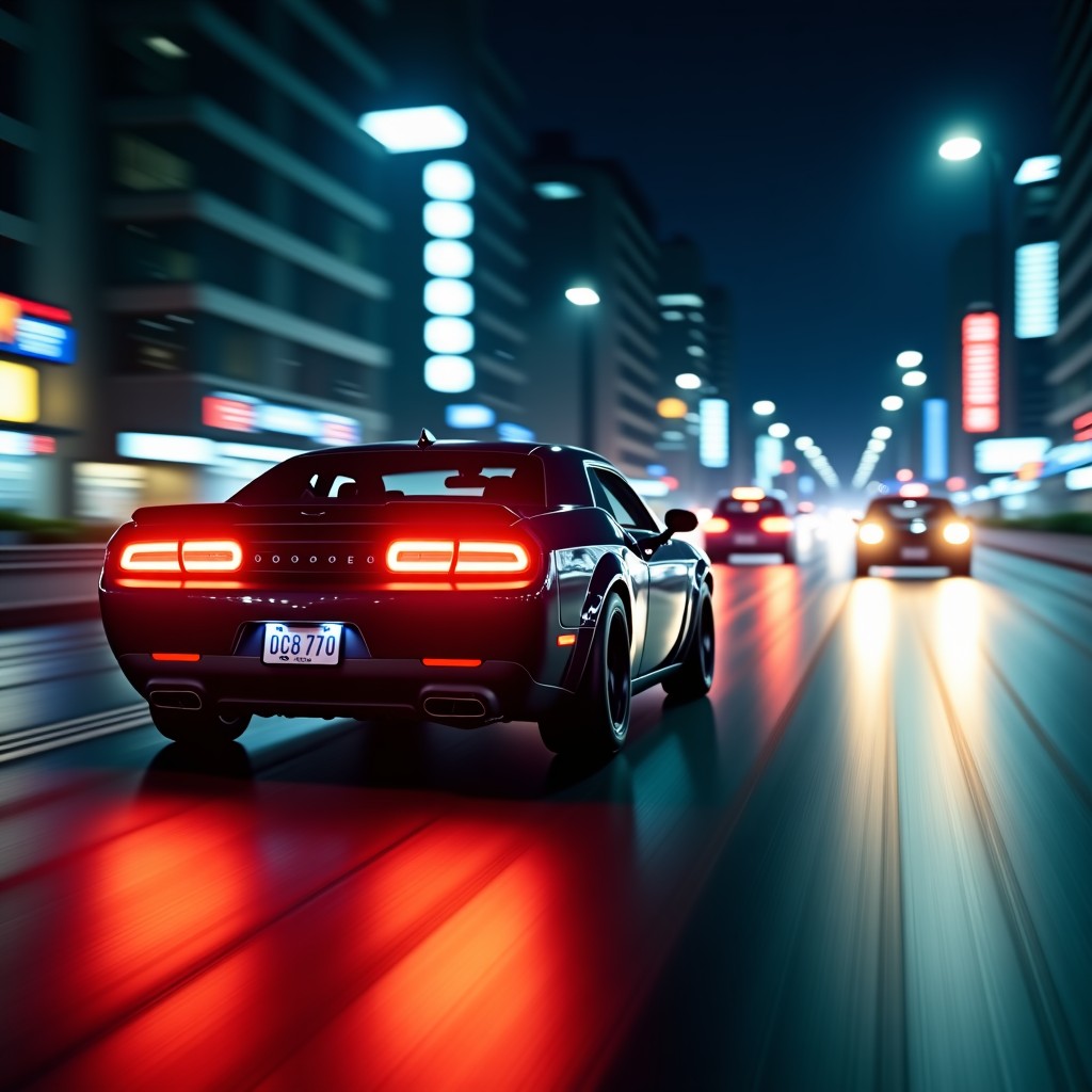 A dramatic action movie scene featuring a high-speed car chase on a city street at night, cinematic lighting, neon signs, motion blur, professional film style, 4:3