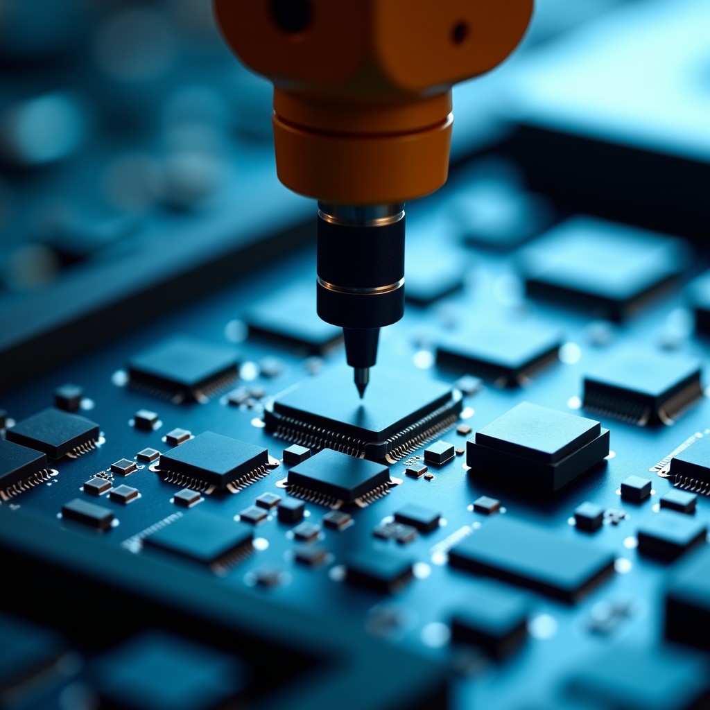 Close-up of multiple microchip components being assembled onto a central base board by robotic precision arms, laboratory environment, soft lighting, tech-focused composition, 4:3