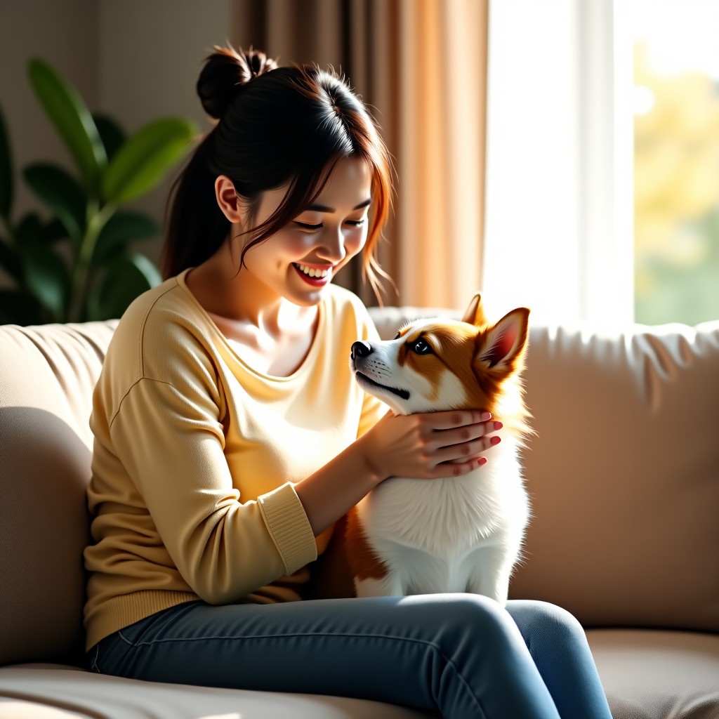 A warm indoor scene of a Korean person sitting on a sofa and smiling while petting a small dog. Bright natural sunlight coming through a window, modern living room interior, high quality lifestyle photography, 4:3