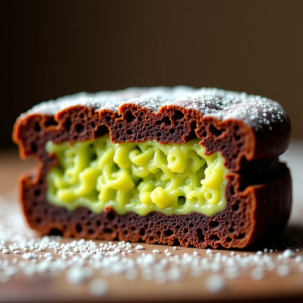 A cross section of a thick chocolate cookie filled with crunchy green pistachio paste and kataifi pastry, extreme close up, professional food styling. 4:3