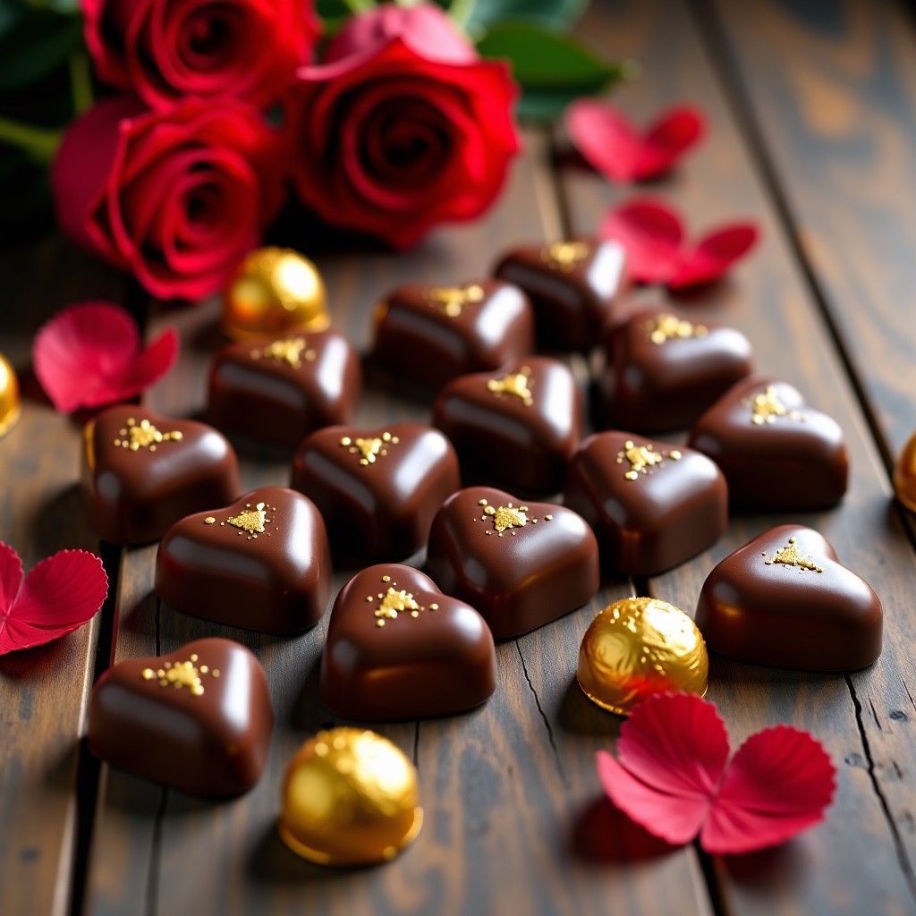 A flat lay photography of various heart-shaped chocolates, gold wrapped pralines, and red roses on a rustic wooden table with soft warm lighting. High quality lifestyle photography. 4:3