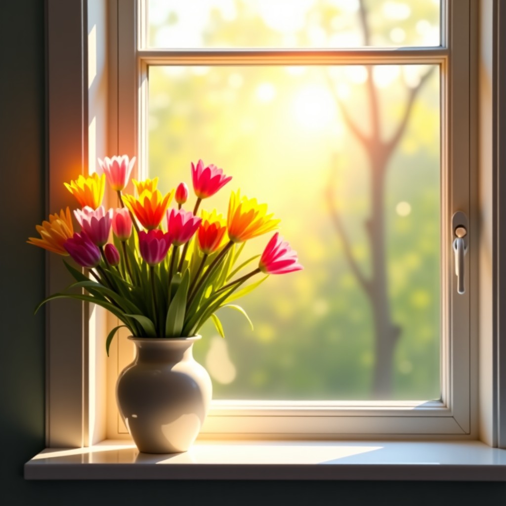Bright morning sunlight shining through a window onto a vase of colorful spring flowers, optimistic and hopeful mood, vibrant colors, realistic professional photography. 1:1