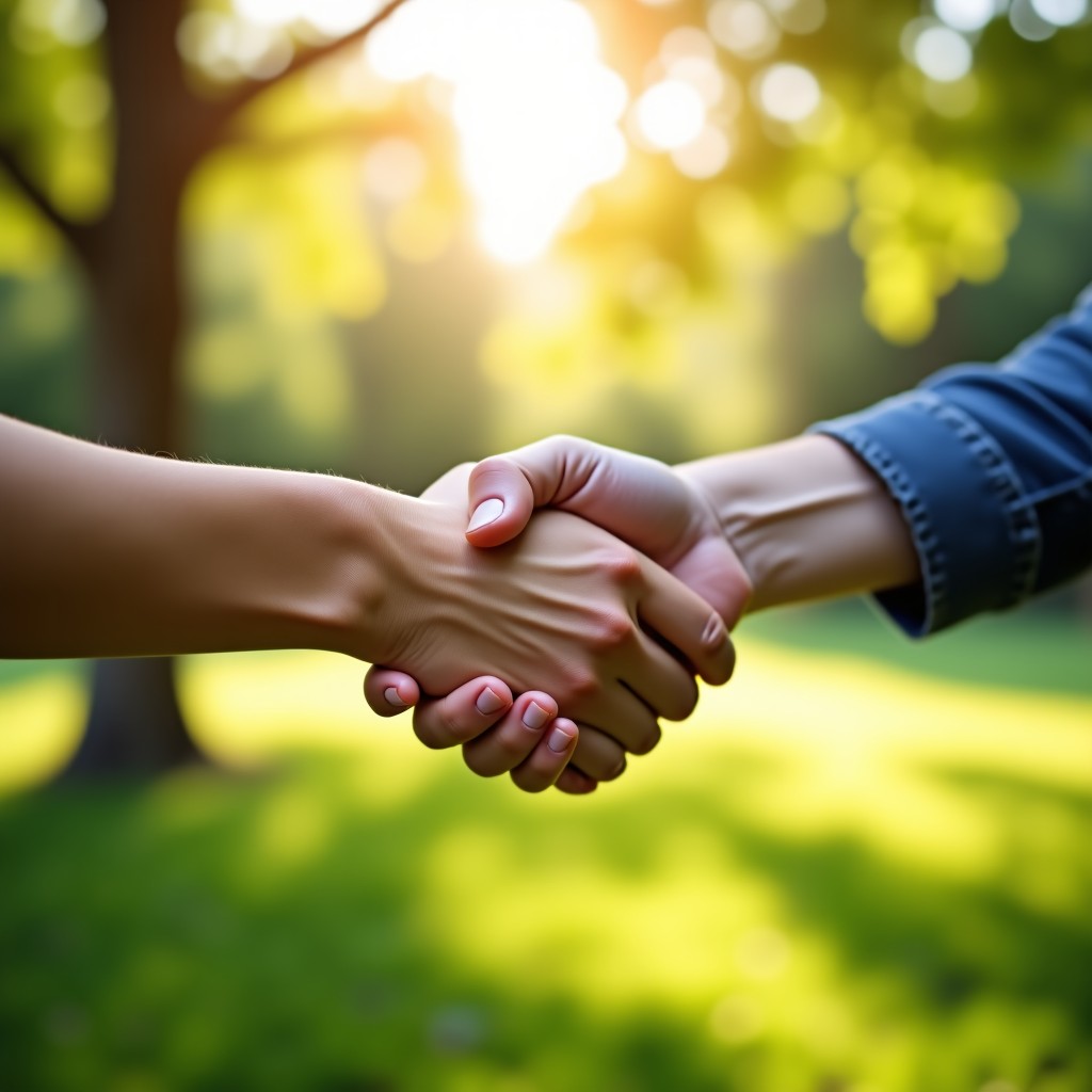 Close-up of people of different genders shaking hands firmly in a bright, sunlit park. The focus is on the handshake, conveying trust and partnership. Natural green outdoor background with bokeh effect. High resolution realistic photography. 4:3