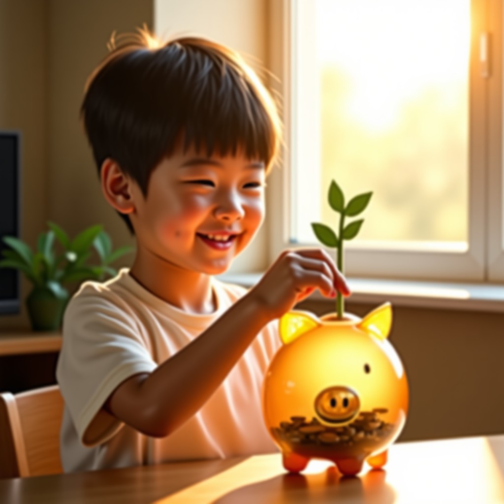 A happy Korean child putting coins into a transparent piggy bank shaped like a sprout, warm golden sunlight through a window, soft indoor atmosphere, high quality photography, cinematic lighting, 4:3