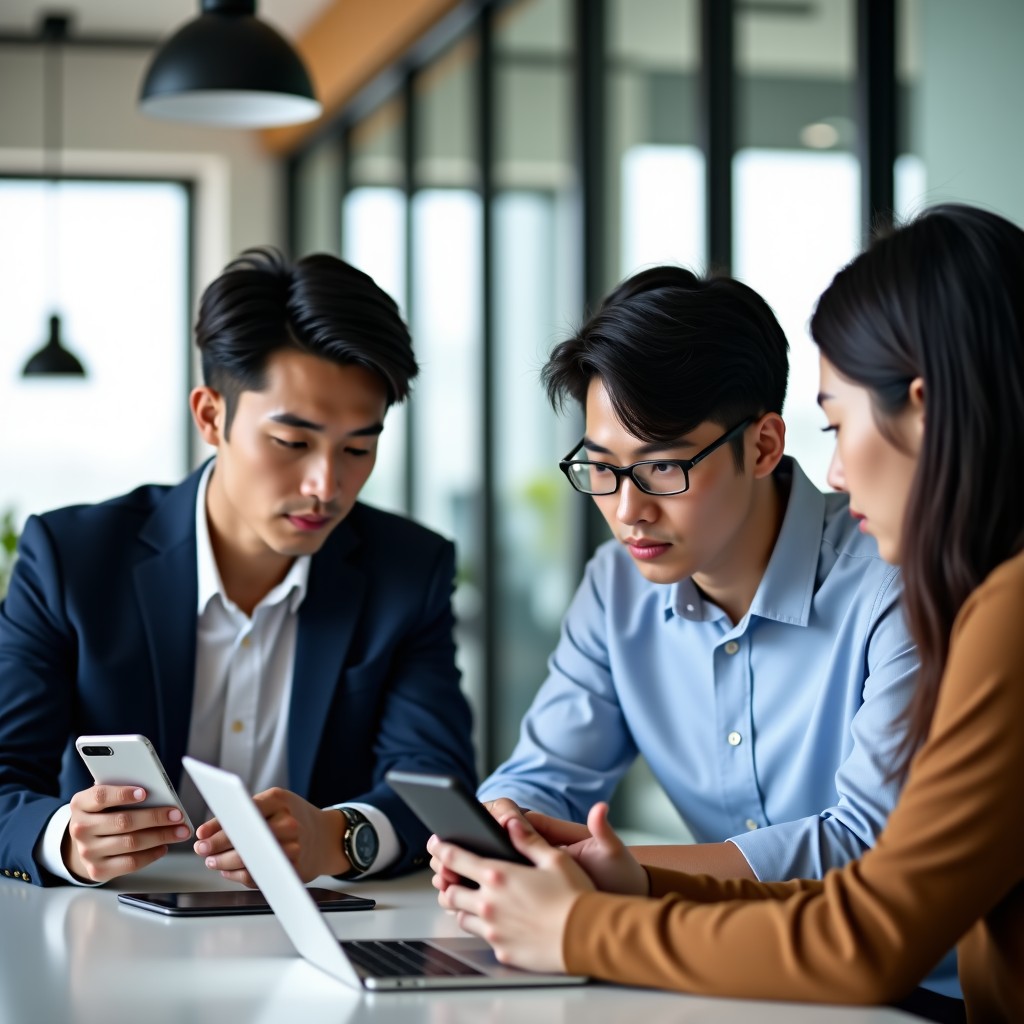 A group of diverse young Korean professionals in a modern coworking space, looking at digital tablets and smartphones together, discussing financial trends. Bright and professional atmosphere, clean office interior. 4:3
