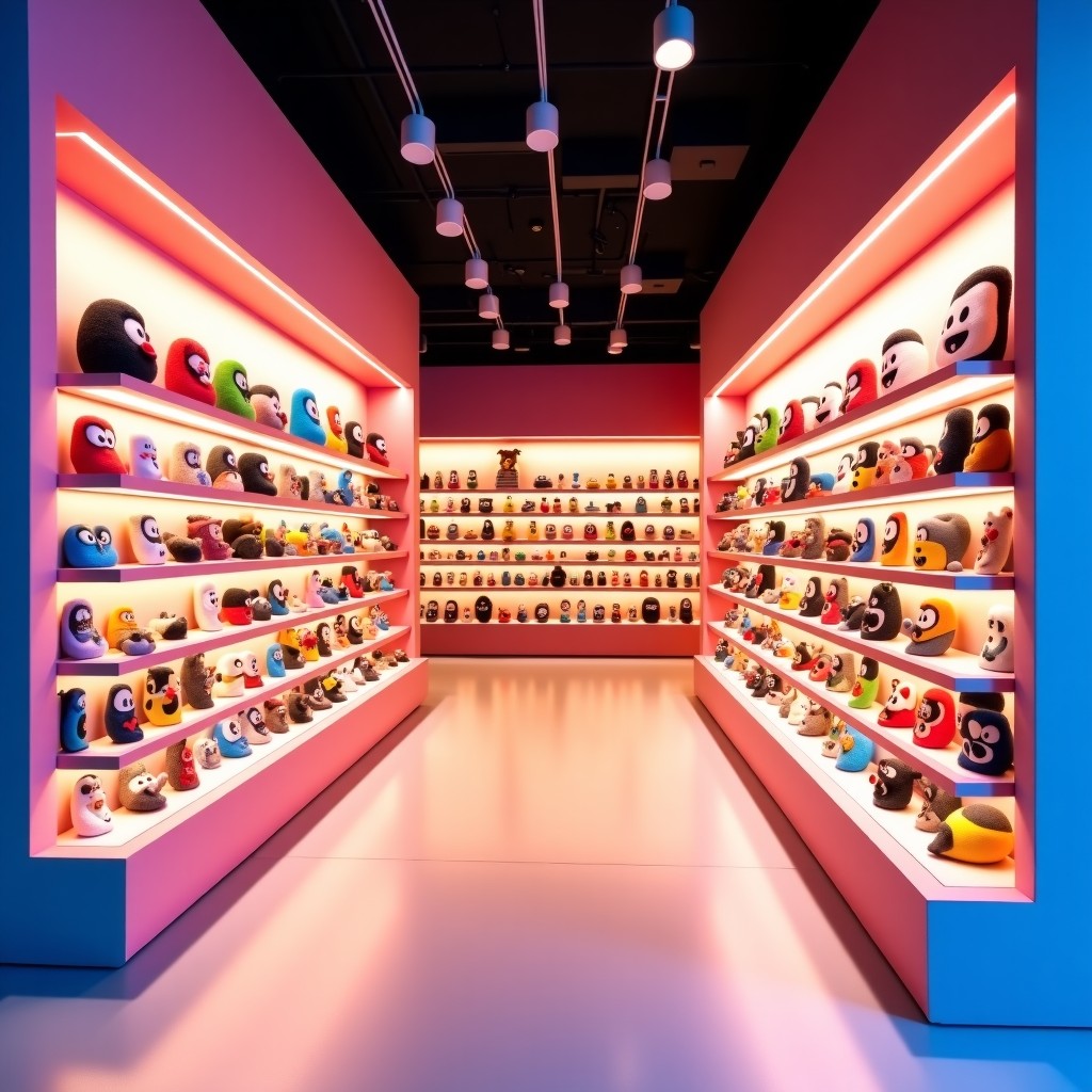 Wide angle shot of a bright and stylish retail store interior with colorful display shelves filled with designer toys, modern lighting, 4:3