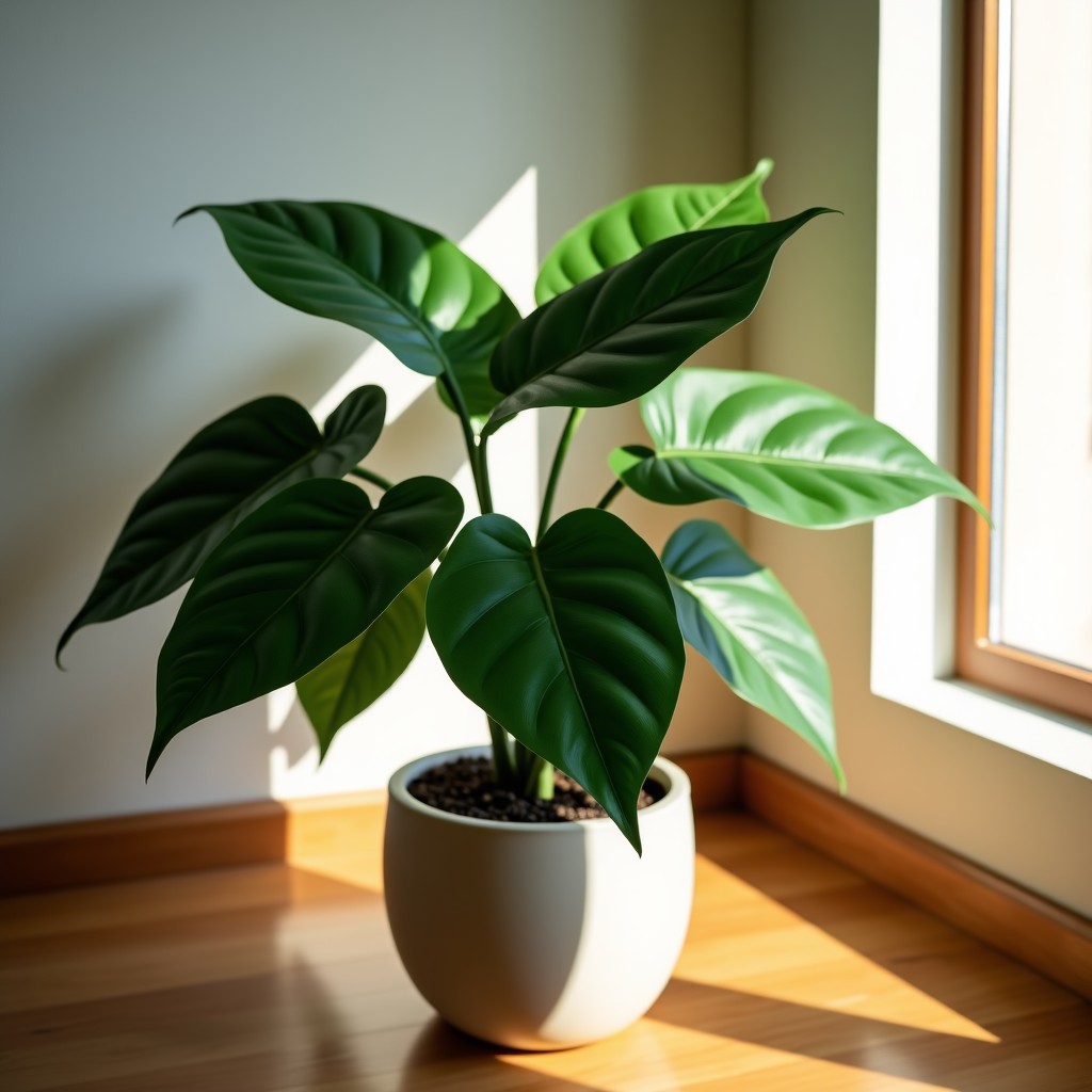 A healthy Monstera Deliciosa plant with large split leaves in a modern ceramic pot placed in a sunlit living room near a window warm natural lighting high quality lifestyle photography 4:3