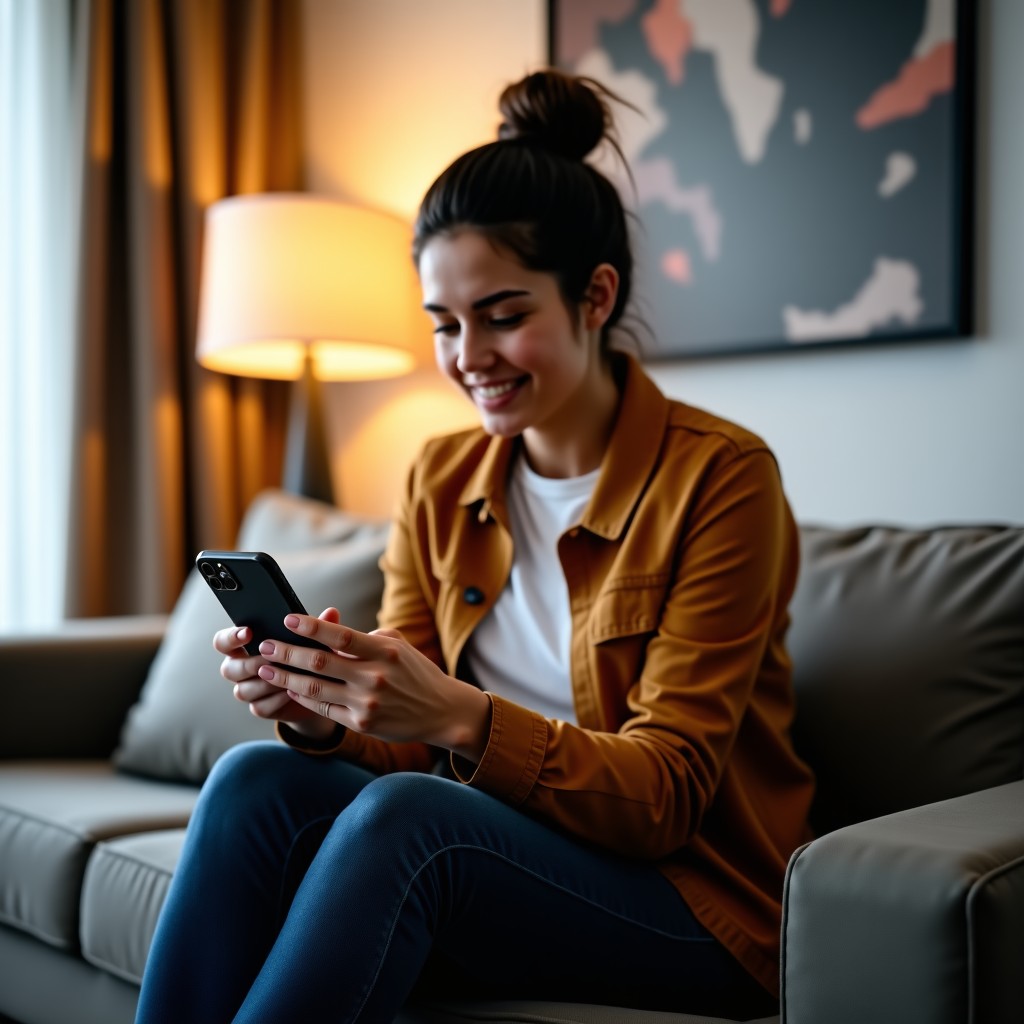 A person using a smartphone in a well-lit modern living room, focused on eye comfort, natural lighting, lifestyle photography, 4:3