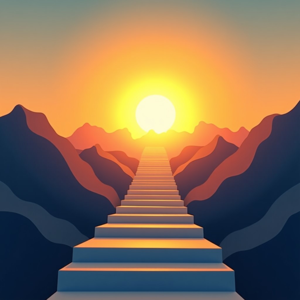 Conceptual image of financial growth and a bright future, a staircase leading upwards towards a sunrise, artistic rendering, 1:1