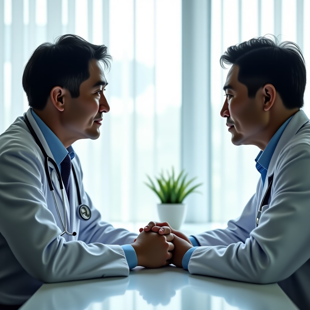 A professional medical consultation scene where a middle-aged Korean couple is talking to a doctor in a bright, modern clinic, the atmosphere is supportive and informative, high contrast, 4:3