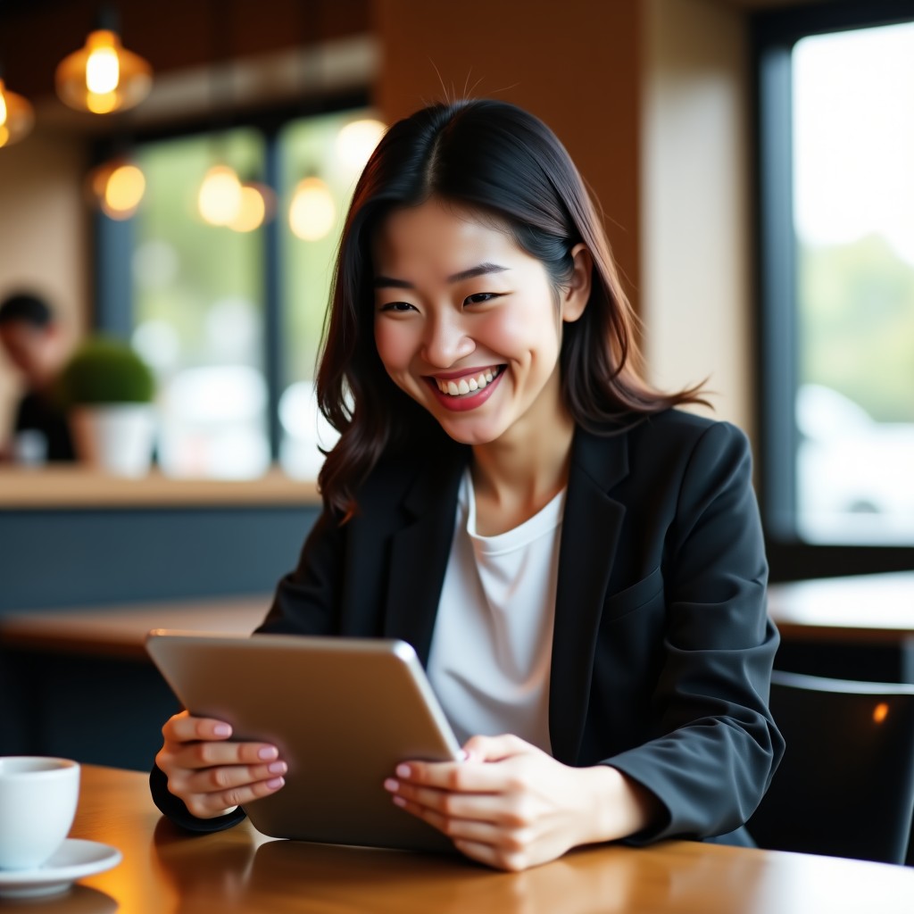 A realistic photo of a Korean small business owner in her 30s, smiling while looking at a tablet in a modern cafe environment. Warm lighting, natural setting, high quality. 4:3