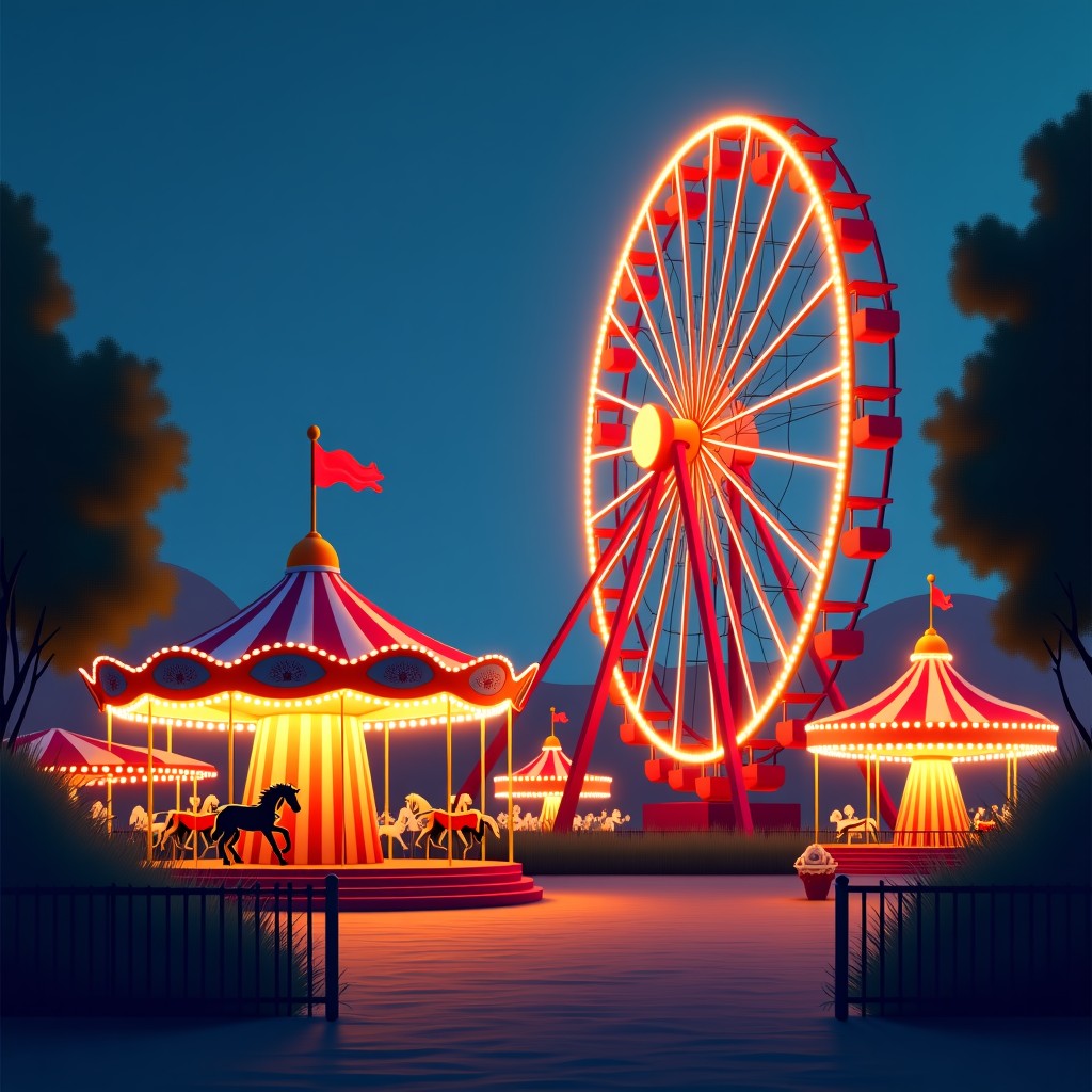 A nostalgic amusement park at night with a glowing Ferris wheel and carousel, warm lights, retro atmosphere, 4:3