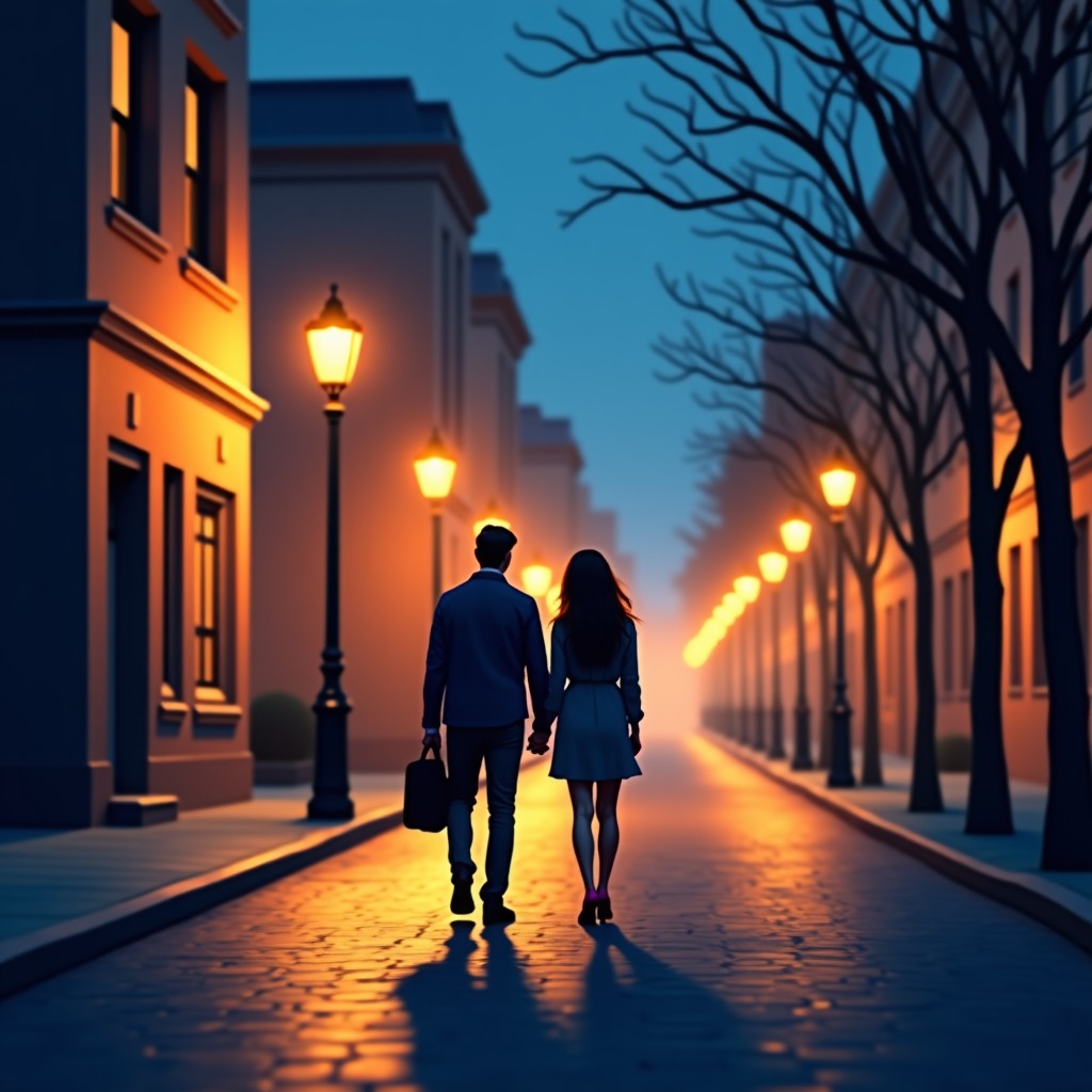 A couple walking side by side on a quiet city street at night under warm streetlights, romantic atmosphere, high quality digital art. 4:3