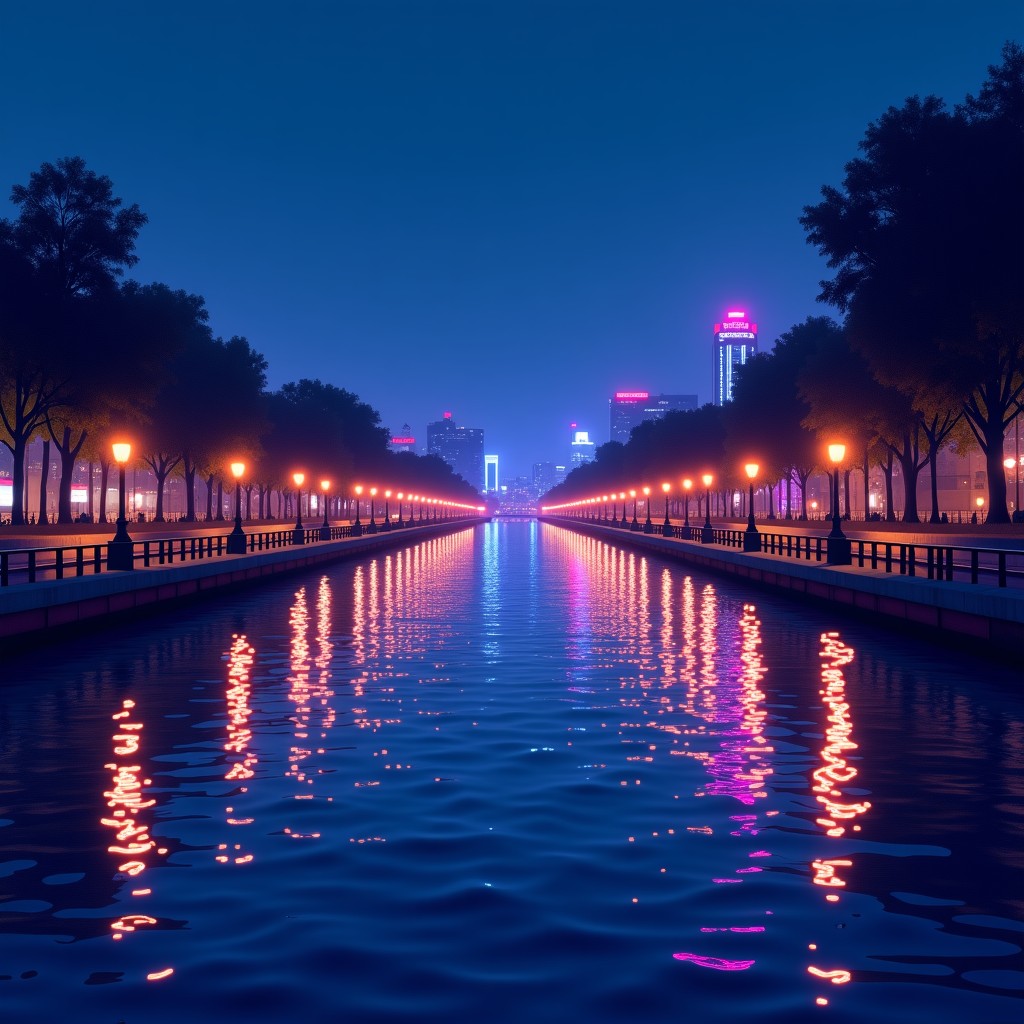 A scenic night view of a river walk with colorful neon lights reflected on the water surface, deep blue and purple night sky, NO TEXT, 4:3