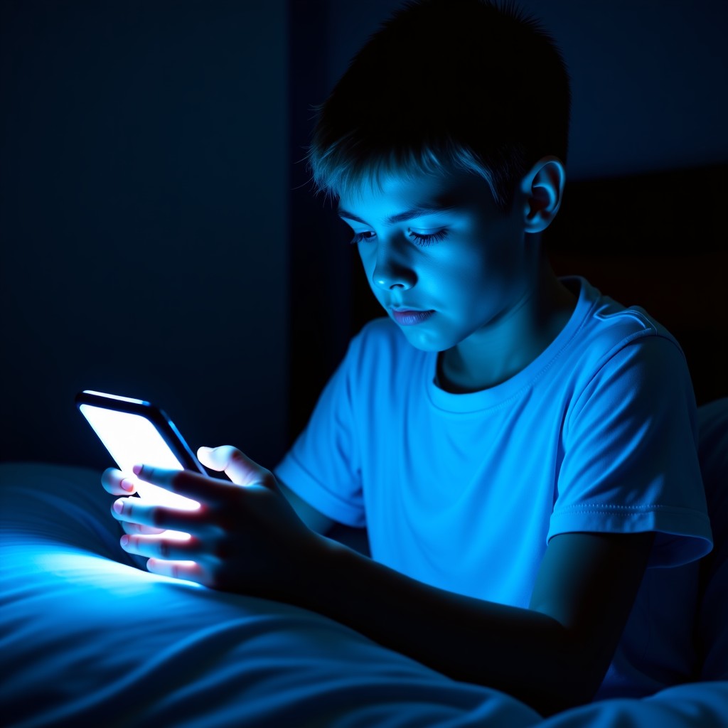 A young person using a glowing smartphone in a dark room at night, the blue light reflecting on their face, focusing on the concept of screen time addiction, 4:3