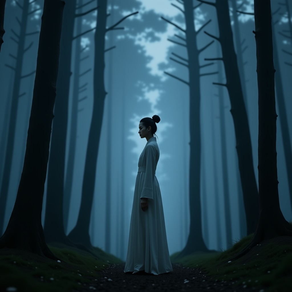A mysterious Korean woman wearing white traditional clothes standing alone in a dark forest at night, ethereal soft glow around her, foggy background, cinematic lighting, realistic photography, no text. 1:1