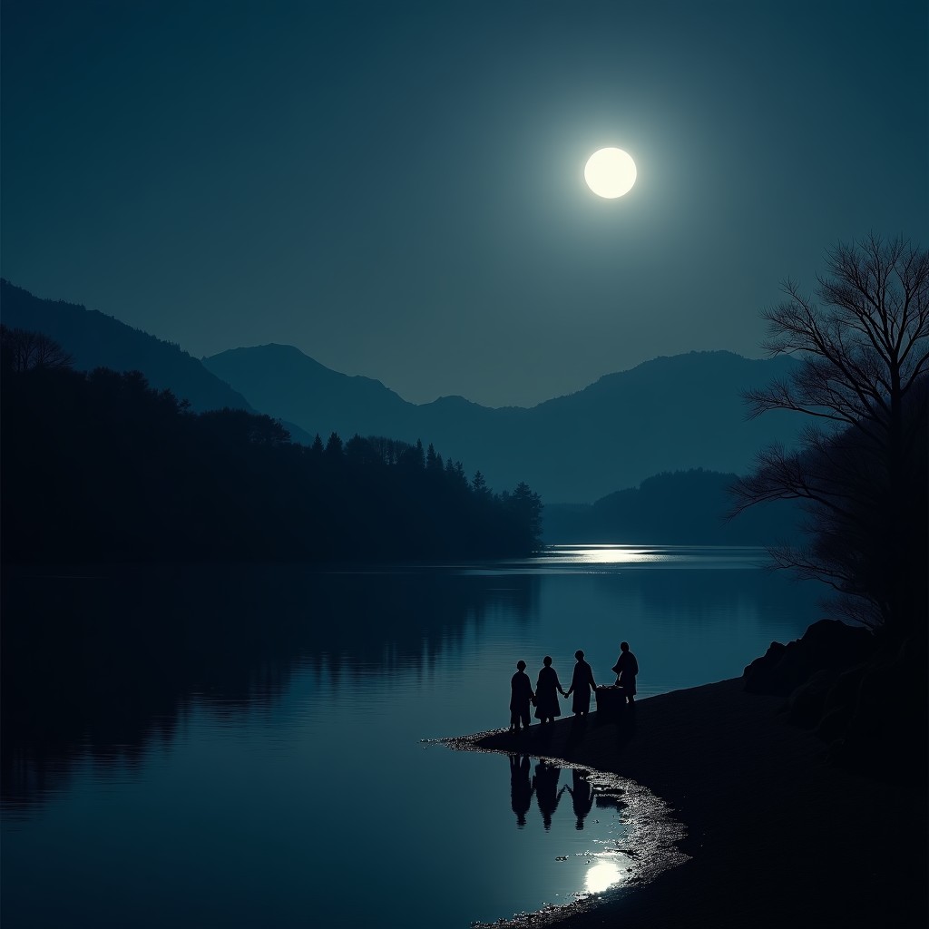 A dark and atmospheric night scene by a river in ancient Korea, showing a small group of people discreetly carrying a wooden casket under the moonlight. high contrast, lifestyle photography style but historical setting. 4:3