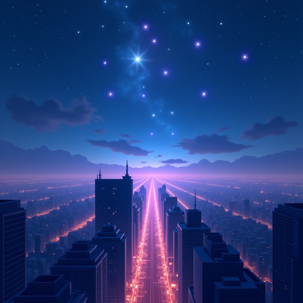 Mysterious glowing constellations in a dark night sky over a modern city, ethereal and magical atmosphere, digital fantasy art style, vibrant blue and purple tones, detailed textures, 4:3
